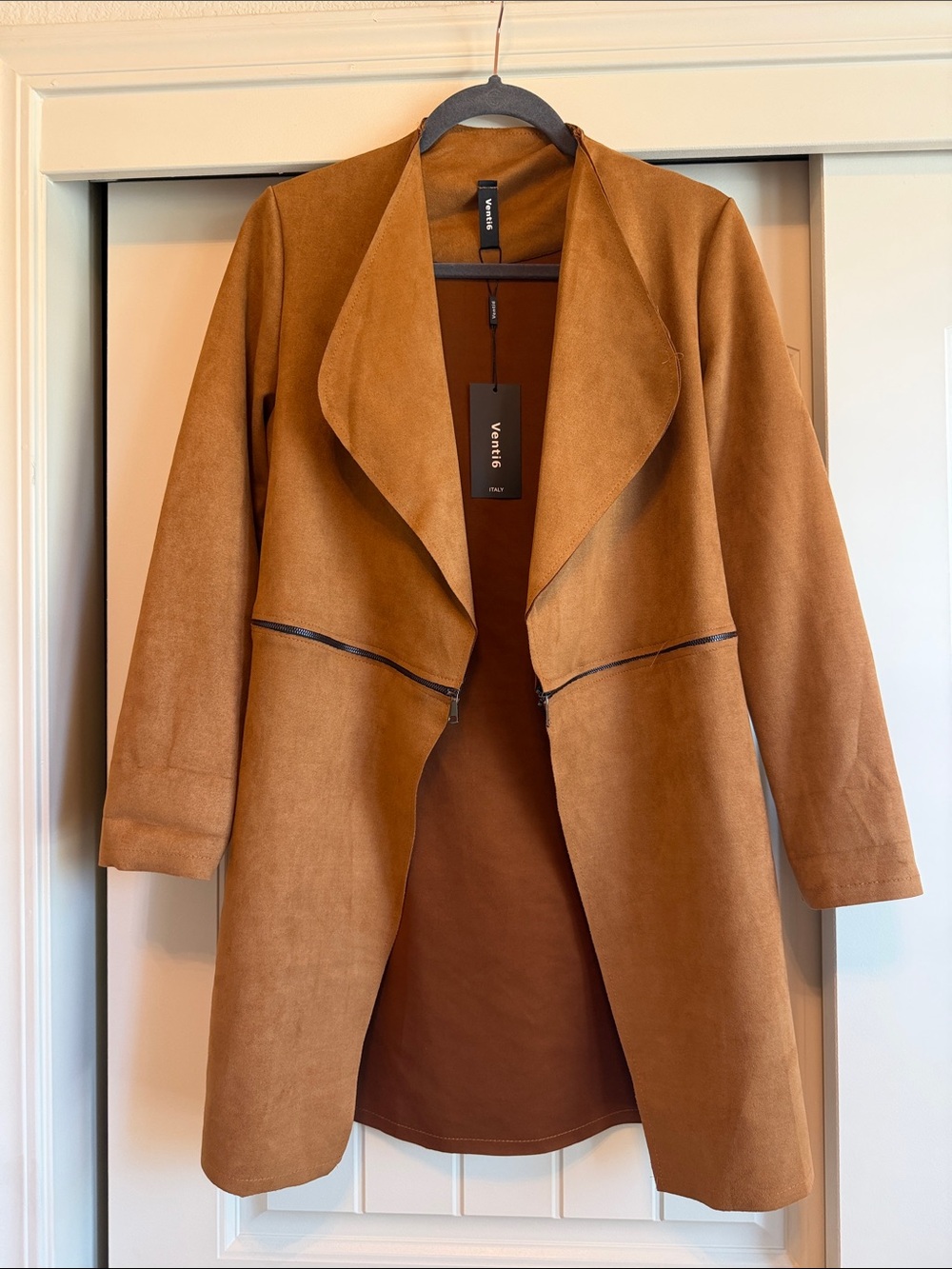 Brown Faux Suede Open-Front Trench Coat